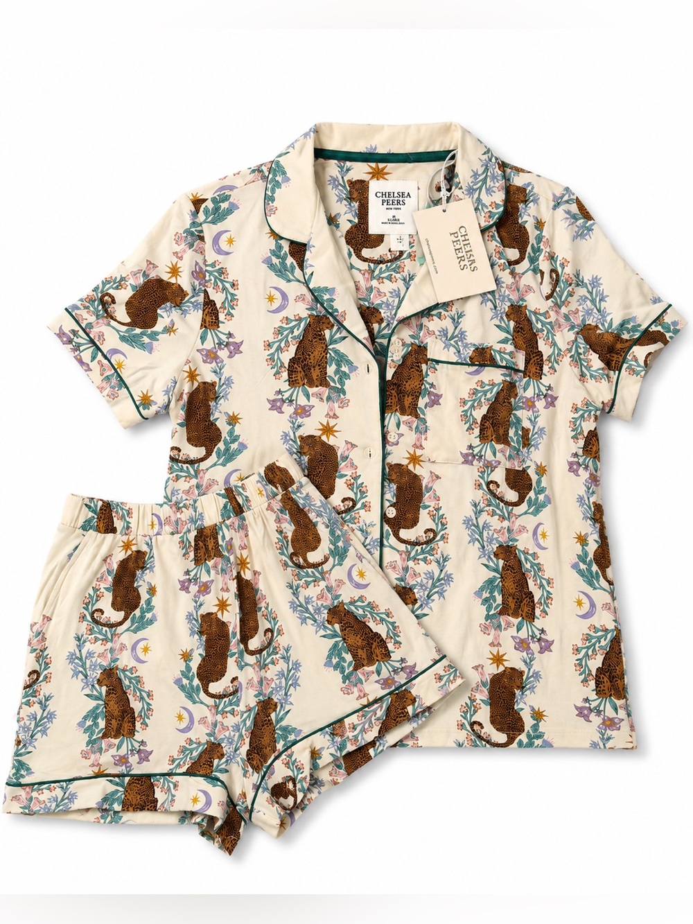 Chelsea Peers Cream Leopard-Print Short Pajama Set- Organic Cotton